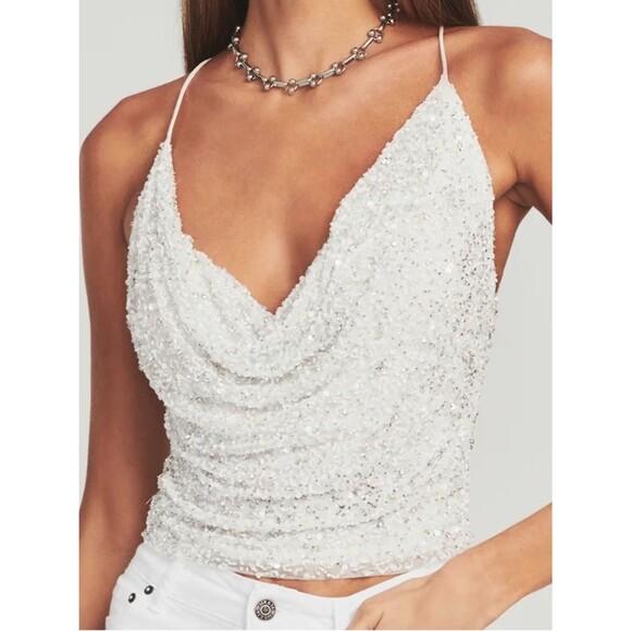 Retrofete Tops - NWT Retrofete Top White Beaded Sequin Cowl Neck Michal Bridal Bachelorette sz XS